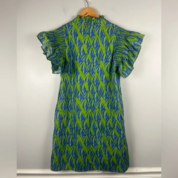 THML Green and Blue 100% cotton mini dress flutter sleeves size XS - Picture 6 of 6